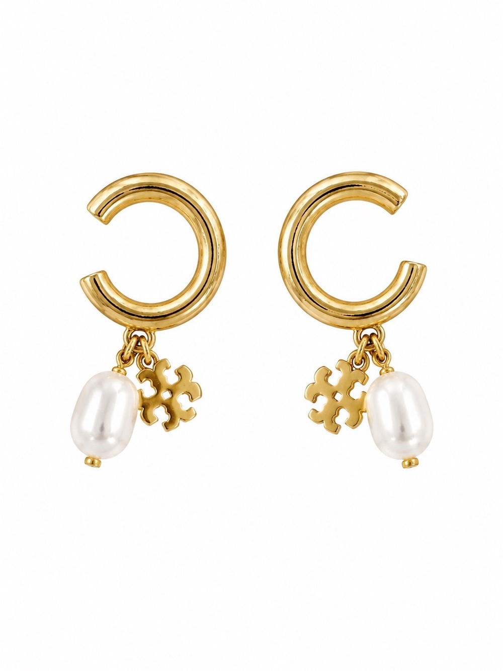 TORY BURCH Gold Logo Natural Pearls Drop Stud Earrings.